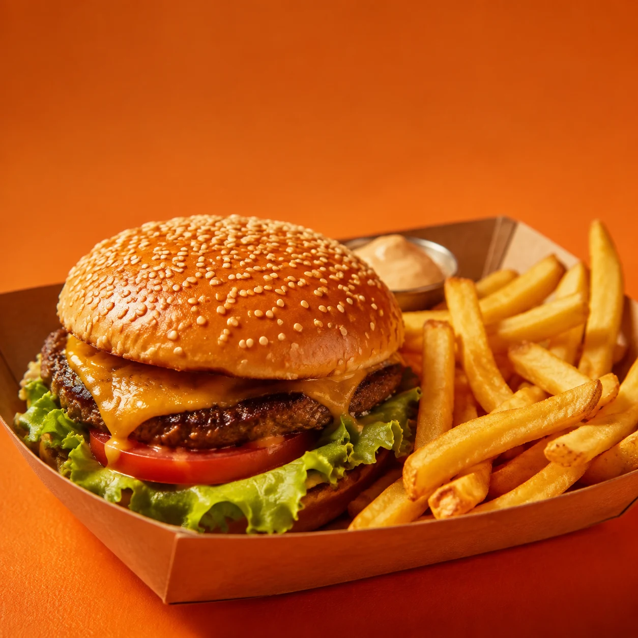 Hambúrguer artesanal com cheddar e batatas em embalagem de delivery